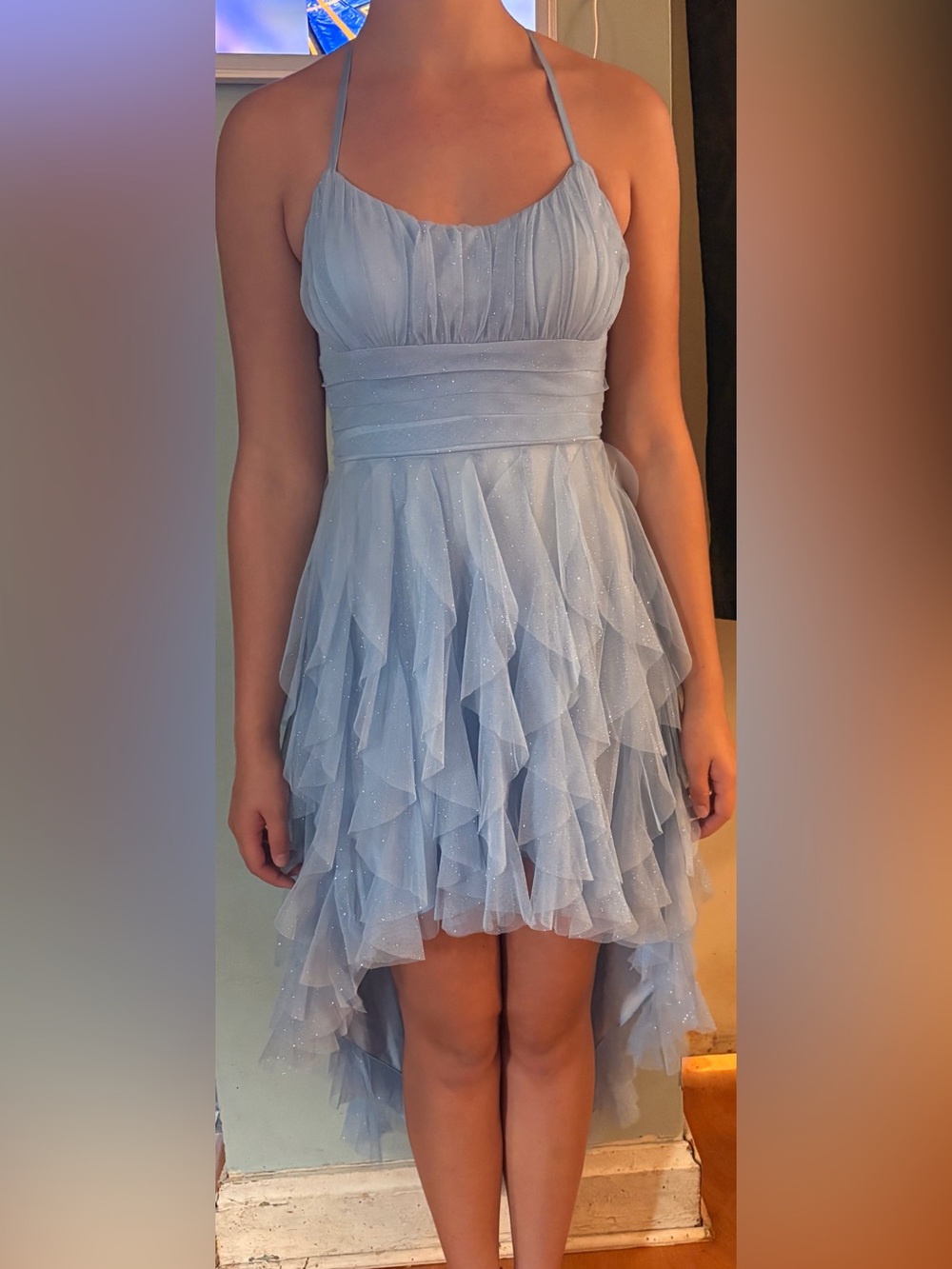 Sky Blue Ruffled High-Low Halter Dress